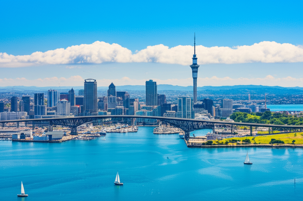 Auckland Harbor Bridge and Sky Tower